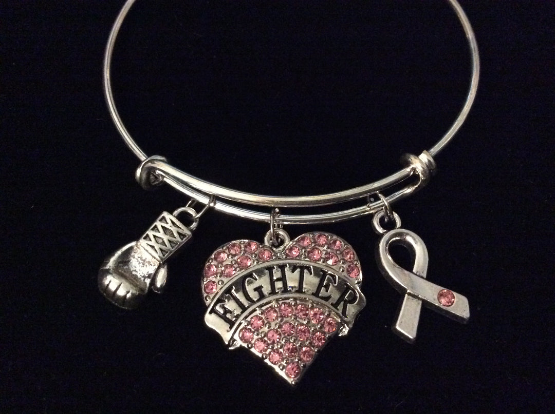 Pink Breast Cancer Fighter Awareness Ribbon Adjustable Bracelet Expandable Silver Charm Bangle Inspirational Gift Boxing Gloves Crystal Heart