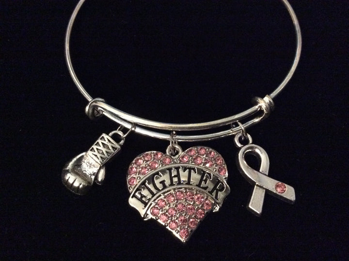 Pink Breast Cancer Fighter Awareness Ribbon Adjustable Bracelet Expandable Silver Charm Bangle Inspirational Gift Boxing Gloves Crystal Heart