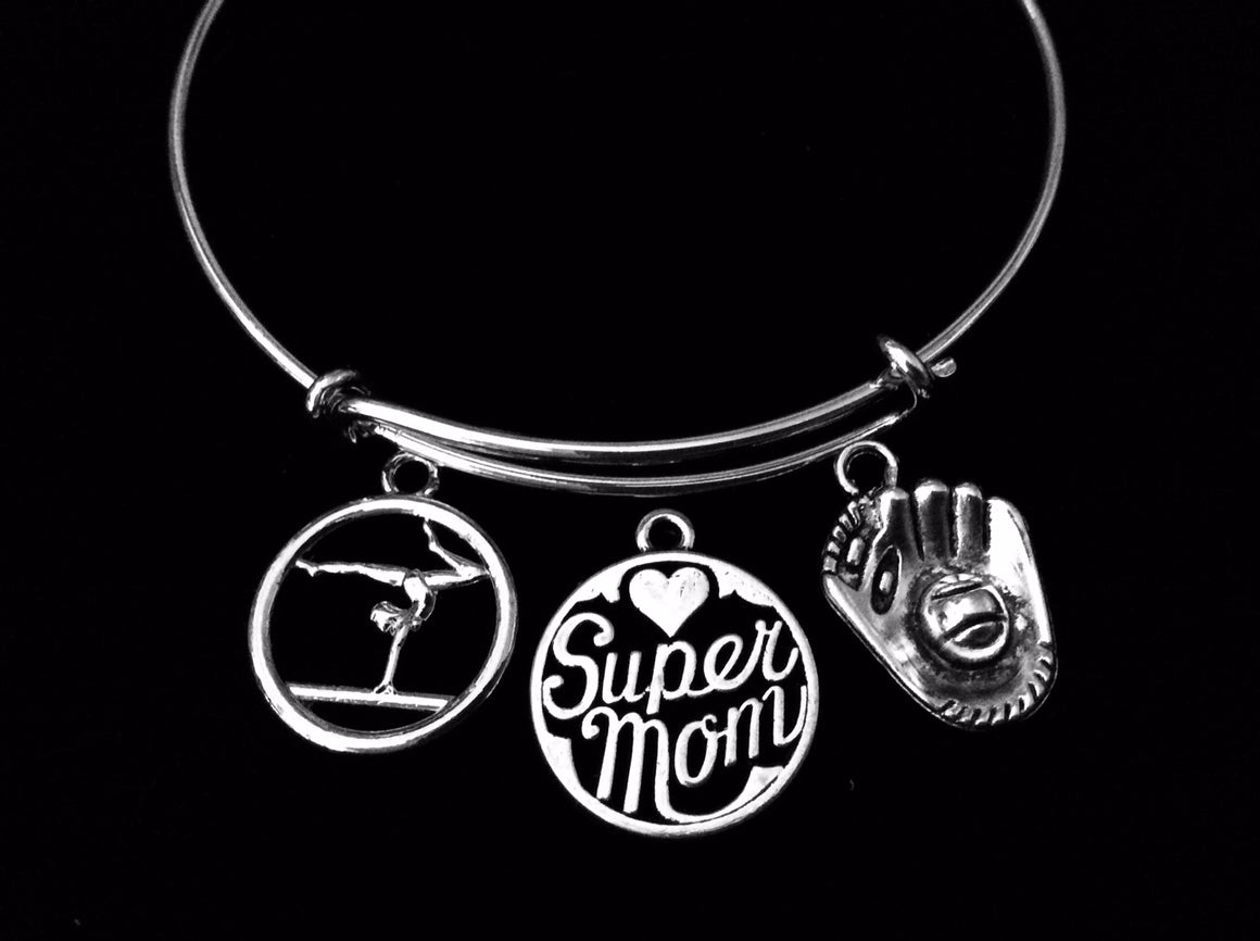 Gymnastics Mom Baseball Mom Adjustable Bracelet Silver Expandable Charm Bracelet Sports Gift Super Mom Baseball Glove Gymnast 