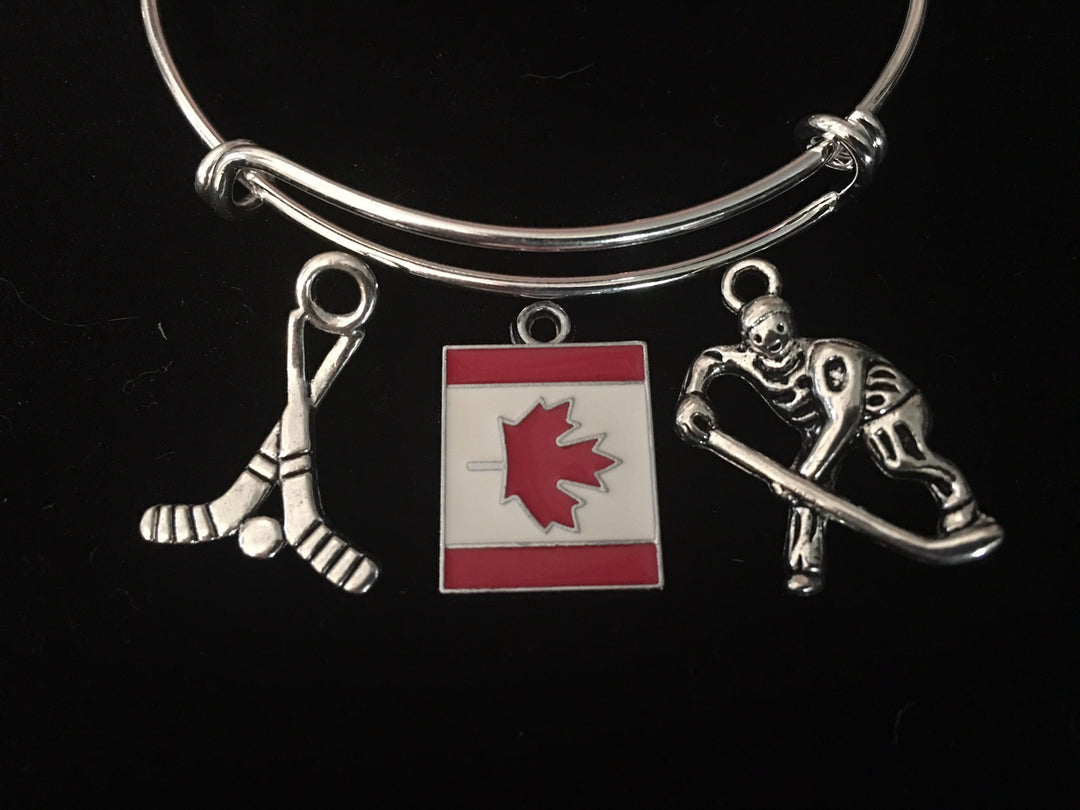 Hockey Canada Flag Expandable Charm Bracelet Silver Wire Adjustable Bangle Hockey Sticks Trendy Stacking Gift Sports 