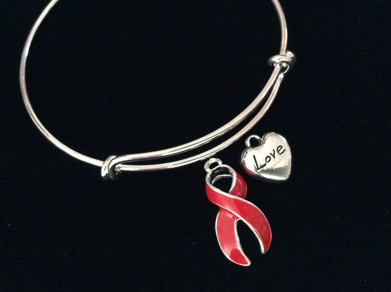 Red Awareness Ribbon Love Heart Charm Adjustable Bracelet Expandable Charm Bracelet Adjustable Bangle Go Red Gift