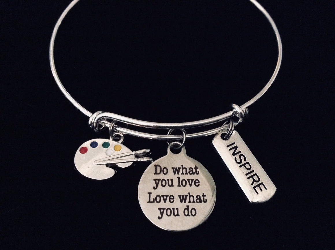 Do What You Love Love What You Do Painter Artist Inspire Word Stamped Tag Adjustable Expandable Bracelet Silver Plated Wire Bangle Charm Bracelet