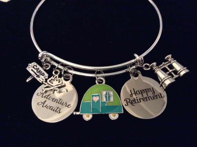 Green Camping Adventure Awaits Happy Retirement Adjustable Bracelet Expandable Silver Charm Bracelet Adjustable Bangle Office Worker Gift Retire Travel Binoculars Camper Camp Fire