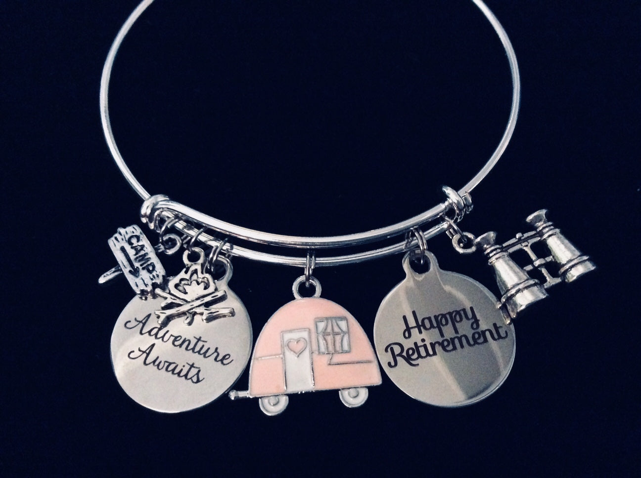 Pink Camping Adventure Awaits Happy Retirement Adjustable Bracelet Expandable Silver Charm Bracelet Adjustable Bangle Office Worker Gift Retire Travel Binoculars Camper Camp Fire