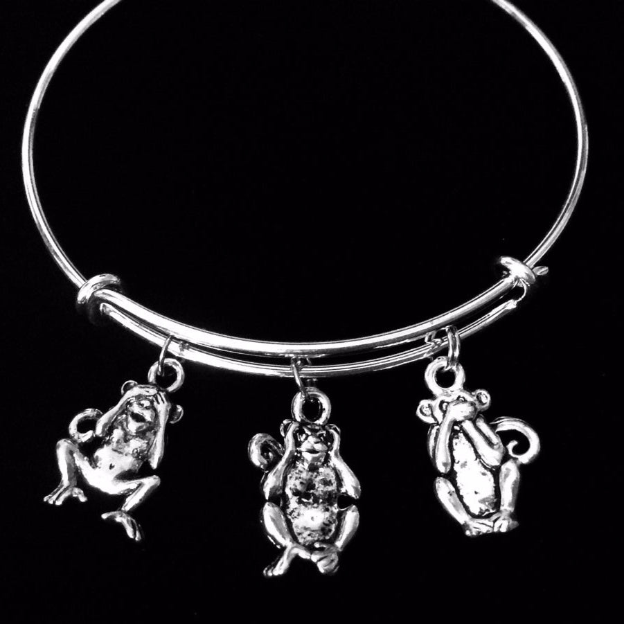 See No Evil Hear No Evil Speak No Evil Three Wise Monkeys Adjustable Bracelet Expandable Silver Charm Bangle Gift