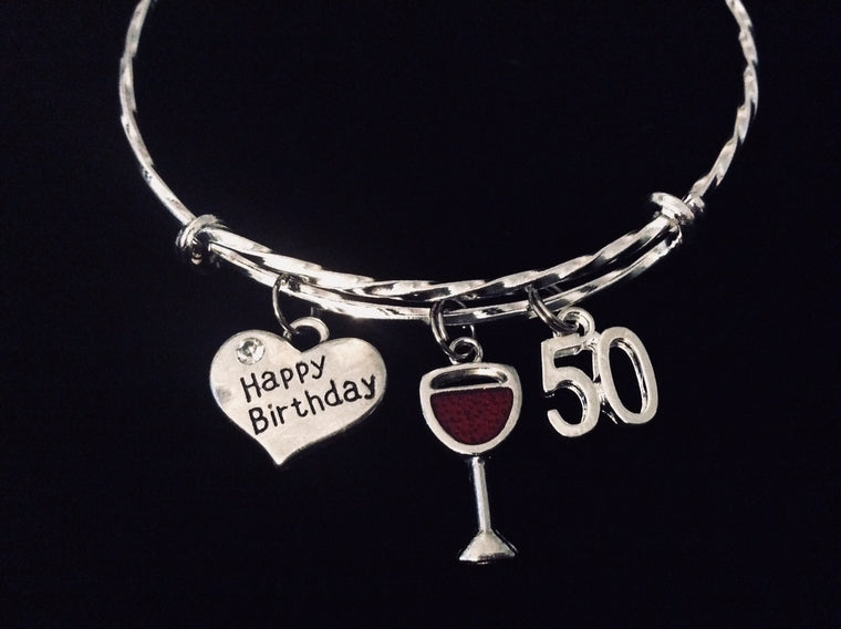 Happy 50th Birthday Adjustable Bracelet Silver Expandable Charm Bracelet Bangle 50 Fifty Gift 