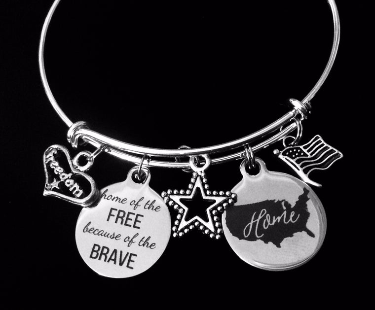 Home of The Free Because of The Brave Jewerly Adjustable Bracelet Silver Expandable Charm Bracelet Bangle Freedom Flag USA Gift