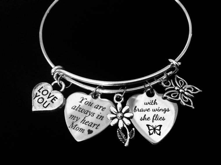 You Are Always in My Heart Mom Adjustable Bracelet Expandable Silver Charm Bangle Gift With Brave Wings She Flies