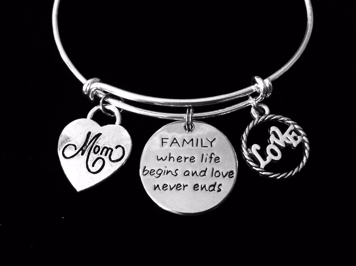 Family Where Life Begins and Love Never Ends Mom Expandable Charm Bracelet Adjustable Wire Bangle Gift Trendy Mother's Mom Gift