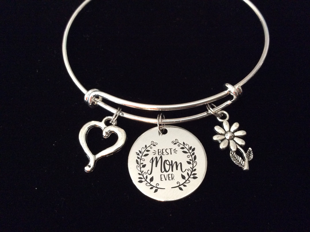 Best Mom Ever Adjustable Bracelet Expandable Silver Charm Wire Bangle Trendy Mother&