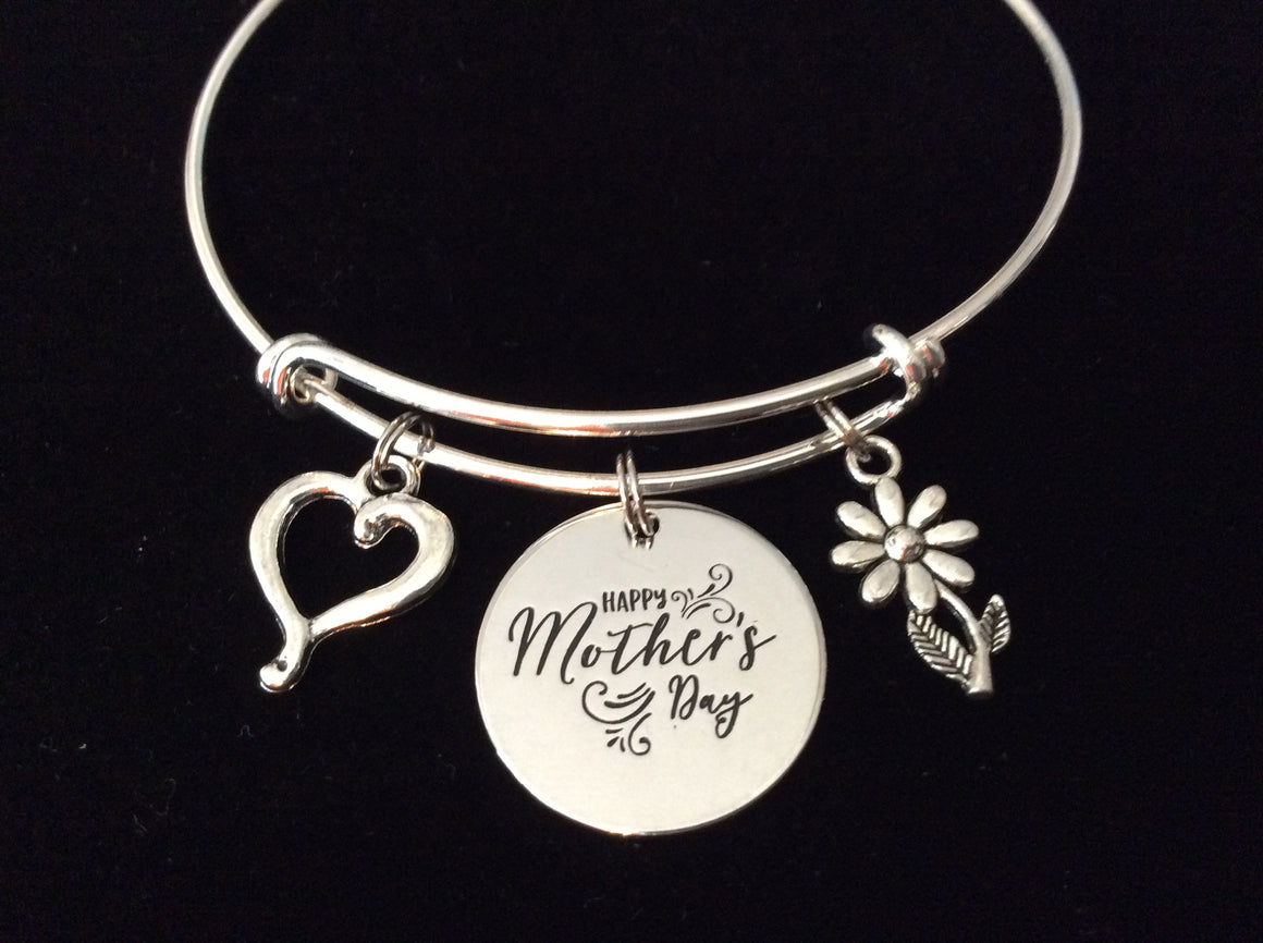 Happy Mother's Day Jewelry Adjustable Bracelet Expandable Silver Charm Wire Bangle Trendy Mom One Size Fits All Gift