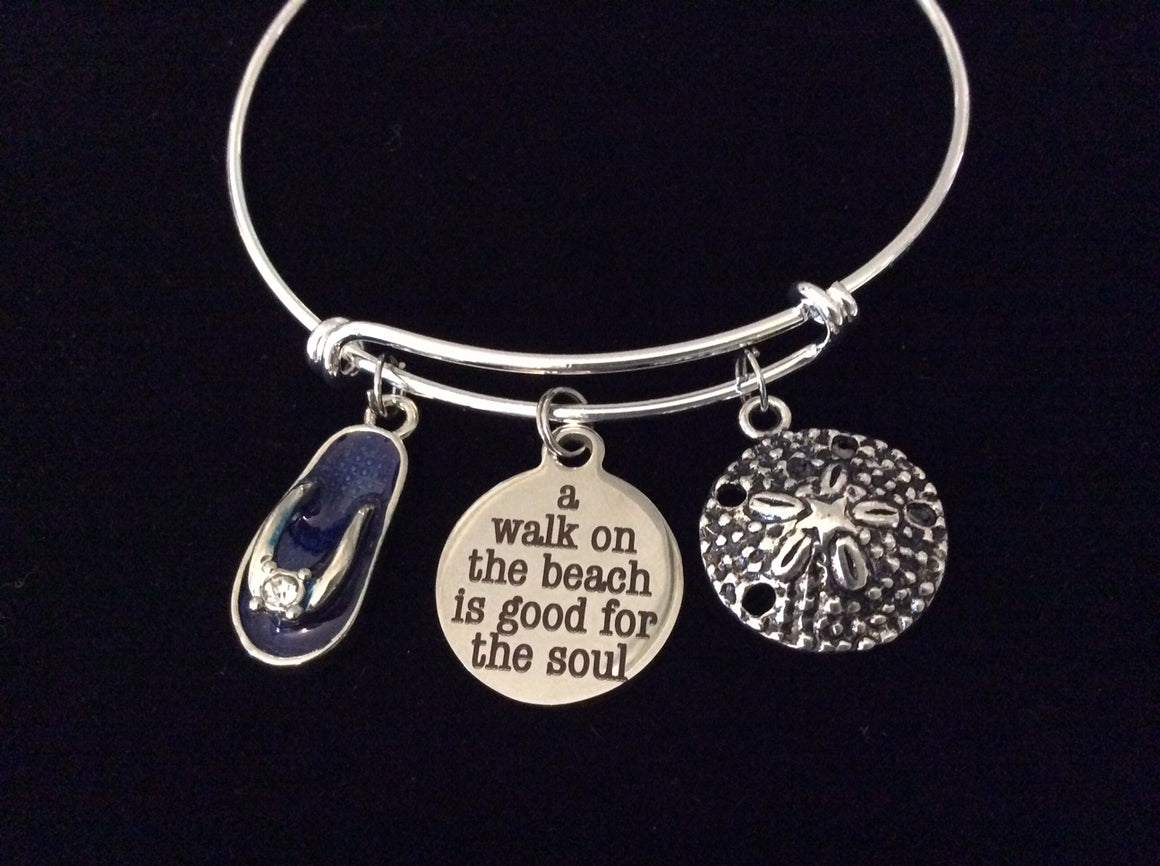 Blue Flip Flop Sand Dollar A Walk on the Beach is Good for the Soul Expandable Charm Bracelet Adjustable Silver Wire Bangle Ocean Nautical Gift