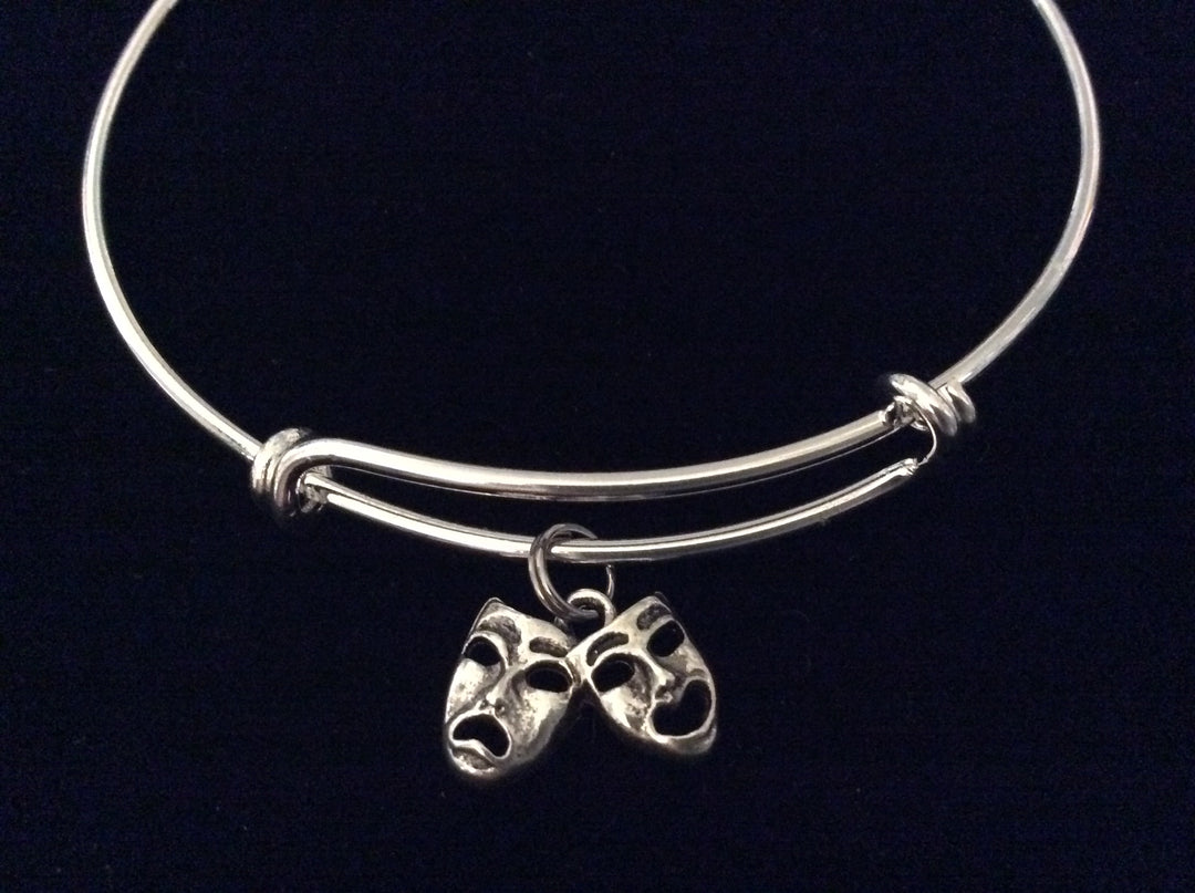 Drama Comedy Tragedy Mask Silver Expandable Charm Bracelet Adjustable Bangle Drama Club Gift Theater 