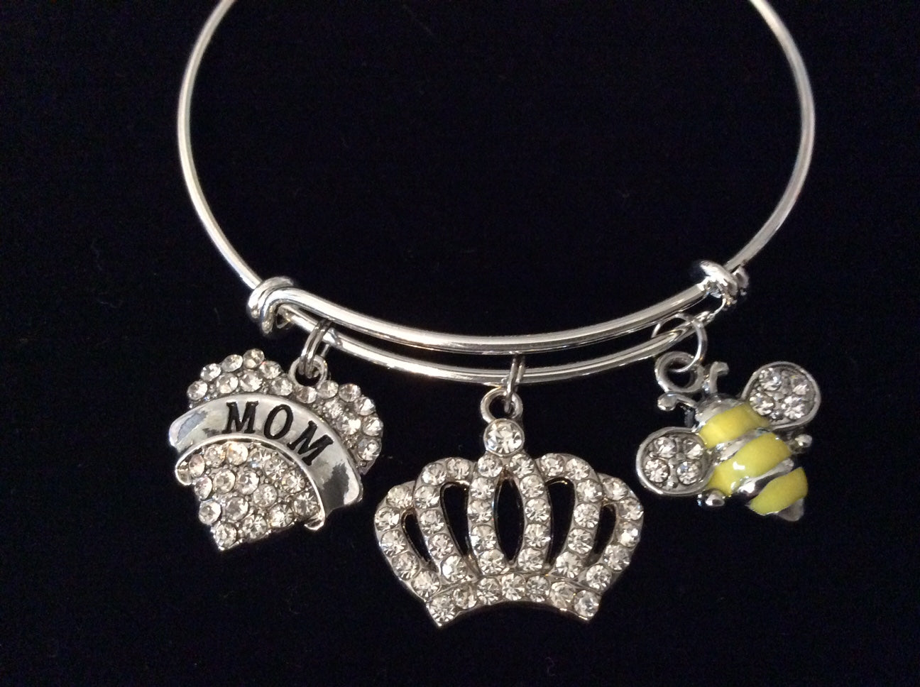 Mom Queen Bee Crown Crystal Adjustable Bracelet Silver Expandable Charm Bangle Trendy One Size Fits All Gift