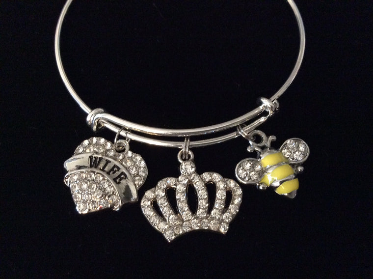 Wife Queen Bee Crown Crystal Adjustable Bracelet Silver Expandable Charm Bangle Trendy One Size Fits All Gift