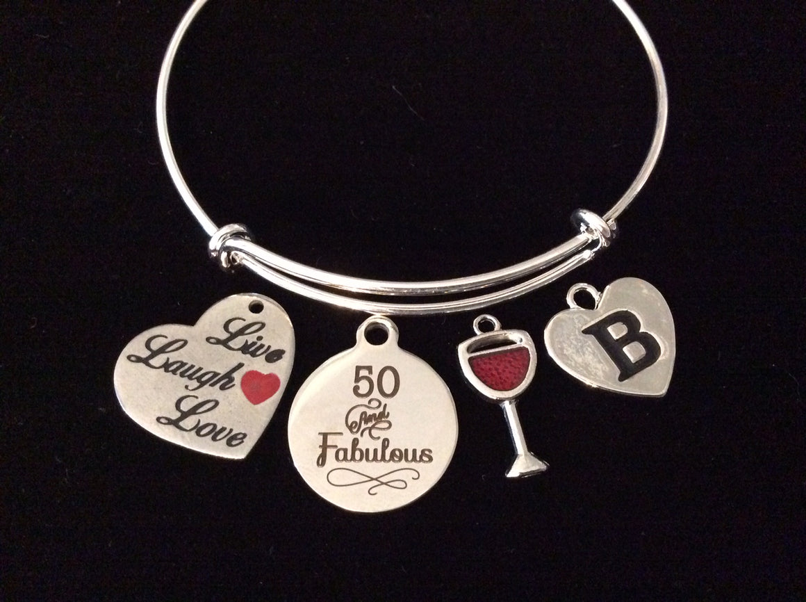 Live Love Laugh 50 and Fabulous Fifty Happy Birthday Expandable Charm Bracelet Silver Adjustable Wire Bangle One Size Fits All Gift
