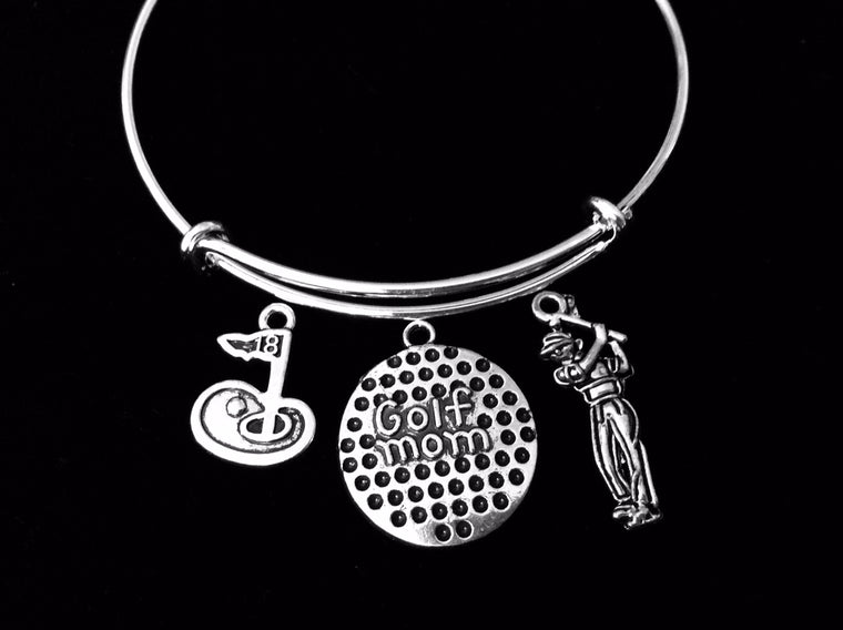 Golf Mom Jewelry Adjustable Charm Bracelet Expandable Silver Bangle One Size Fits All Gift Trendy Golfer 18th Hole