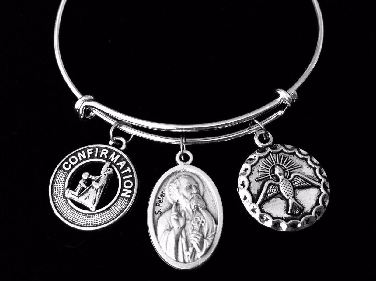 Confirmation Saint Peter Expandable Charm Bracelet Silver Adjustable bangle 
