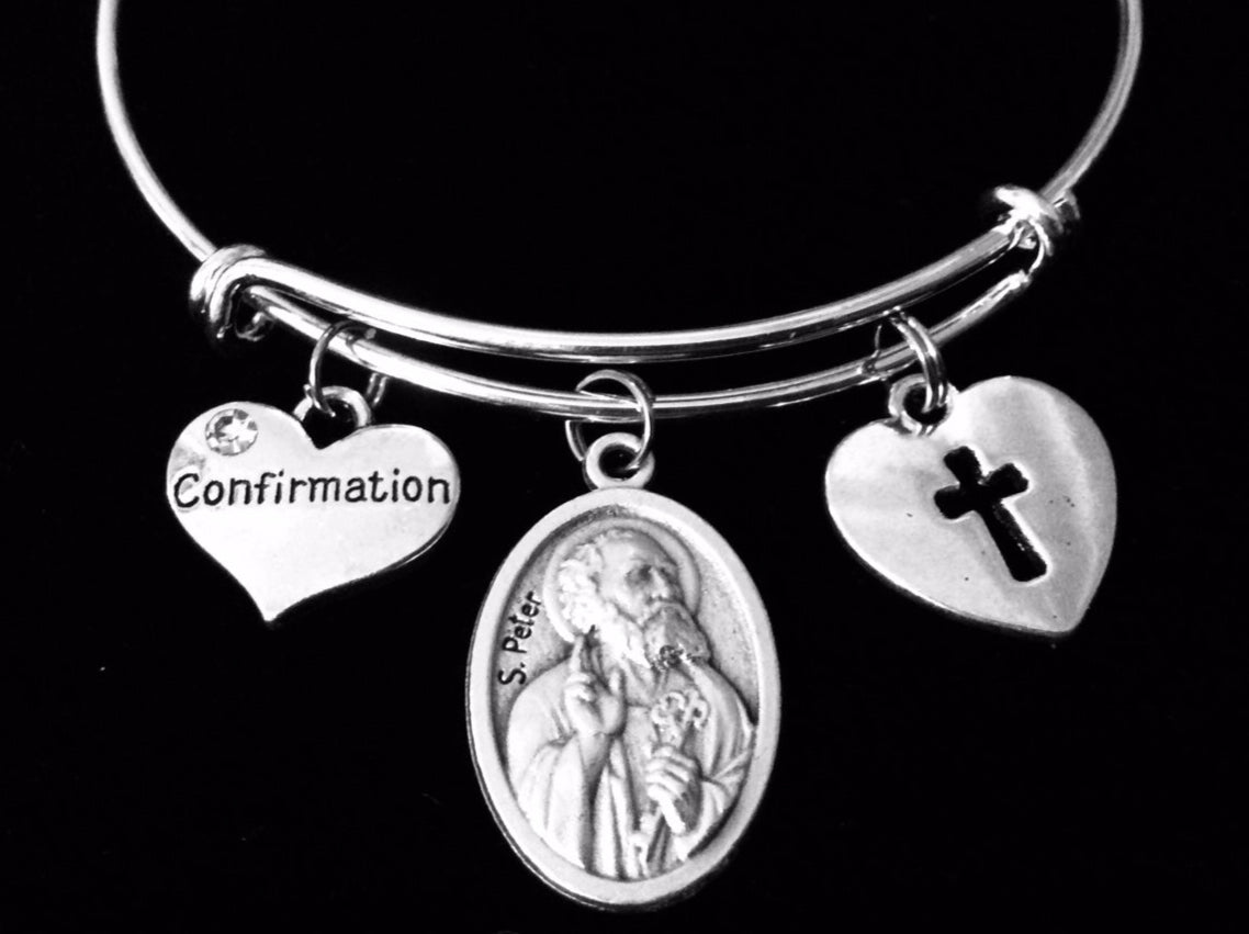 Confirmation Jewelry Saint Peter Adjustable Bracelet Silver Expandable Bangle Medal Catholic Gift
