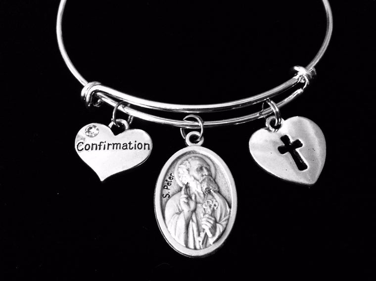 Confirmation Jewelry Saint Peter Adjustable Bracelet Silver Expandable Bangle Medal Catholic Gift
