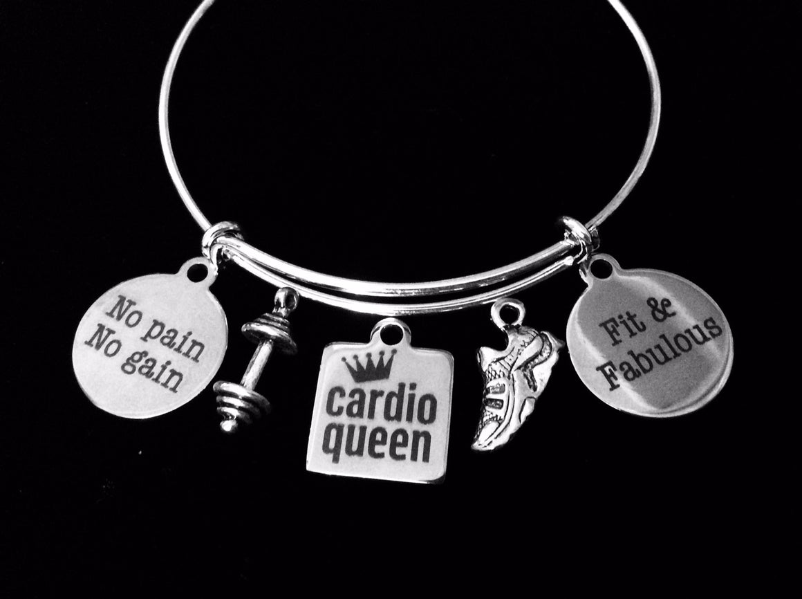Fit and Fabulous No Pain No Gain Cardio Queen Jewelry Adjustable Bracelet Expandable Silver Charm Bangle Trendy Weights Tennis Shoe Exercise Workout One Size Fits All Gift