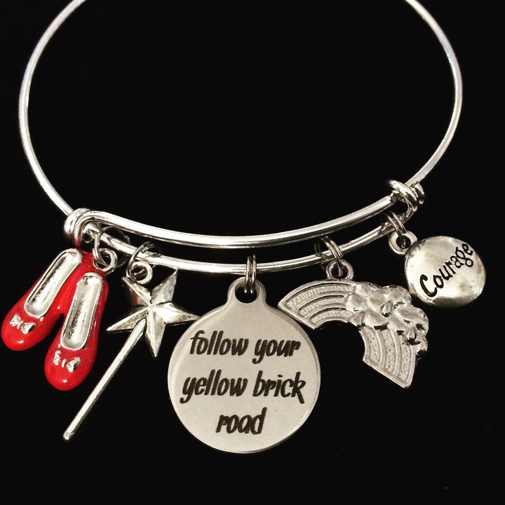 Follow Your Yellow Brick Road Adjustable Bracelet Expandable Silver Bangle Trendy Inspirational Jewelry Message Jewelry Rainbow Courage Ruby Slippers Magic Wand