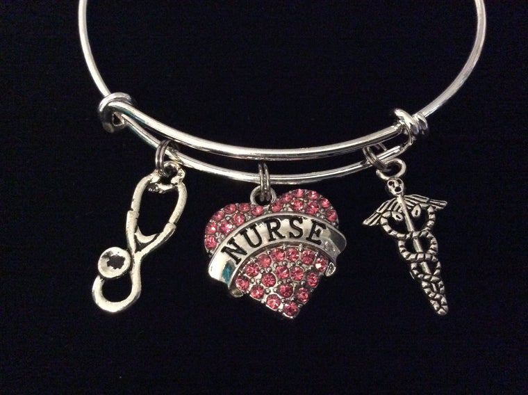 Nurse Pink Crystal Heart Charm Expandable Silver Bracelet
