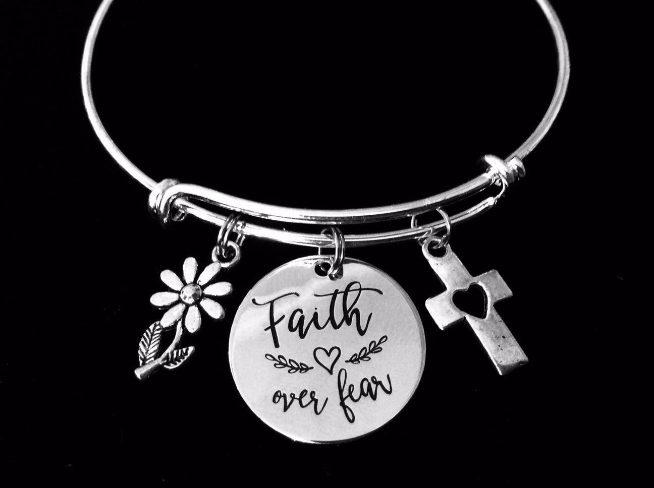 Faith Over Fear Jewelry Expandable Charm Bracelet Silver Adjustable Bangle One Size Fits All Gift Cross Daisy