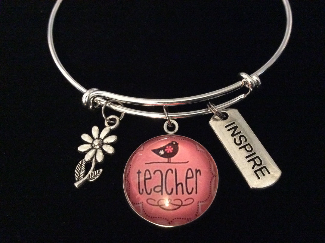 School Teacher Jewelry Inspire Daisy Adjustable Bracelet Expandable Silver Charm Bangle One Size Fits All Gift Trendy