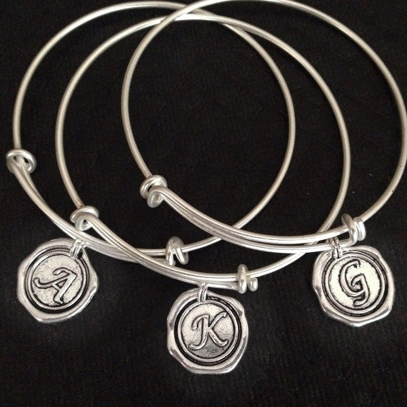 Wax Stamped Style Silver Initial Charm Expandable Bracelet Gift Adjustable Wire Bangle One Size fits all Stackable Stacking Trendy