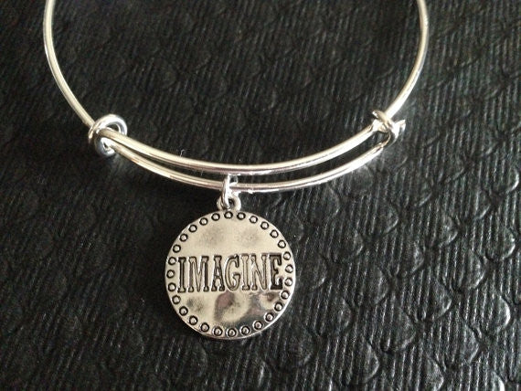 Imagine Silver Charm on Silver Plated Bracelet Expandable Adjustable Wire Bangle