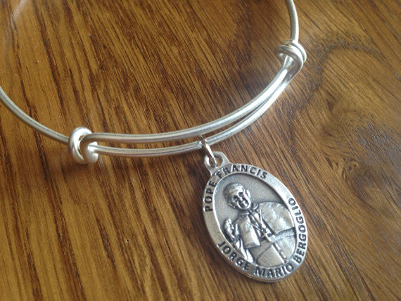 Pope Francis Silver Medal Charm on a Silver Expandable Adjustable Bangle