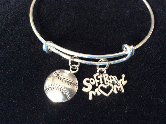 Softball Mom on a Silver Expandable Bangle Bracelet 