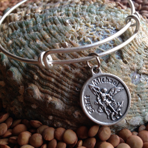 Saint Michael Archangel Charm on a Silver Expandable Adjustable Bangle Bracelet