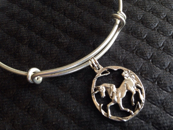 Unicorn Charm on a Silver Expandable Adjustable Bangle Bracelet Gift