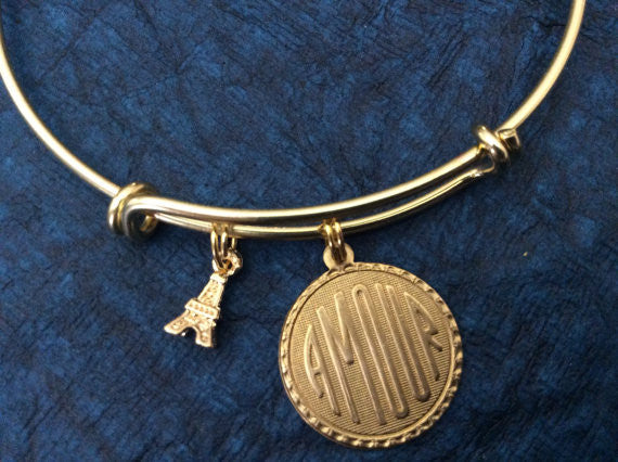Amour and 3D Eiffel Tower Charm Adjustable Expandable Bangle 