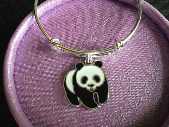 Panda Charm Bracelet – Adjustable Silver Bangle with Black and White Panda Pendant – Animal Lover Jewelry Gift