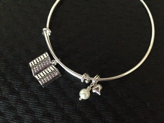 Love To Read?  Book with Pearl and tiny Heart on an Expandable Charm Bracelet Adjustable Bangle Book Club Gift