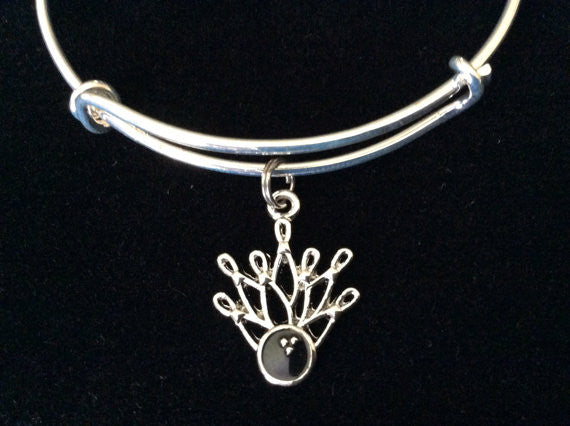 Bowling Ball with Bowling Pins Charm on a Silver Expandable Adjustable Bangle