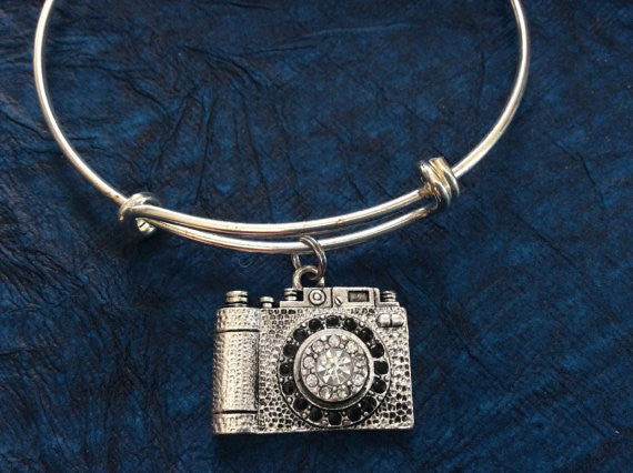 Silver Crystal Camera Expandable Charm Bracelet Adjustable Wire Bangle 