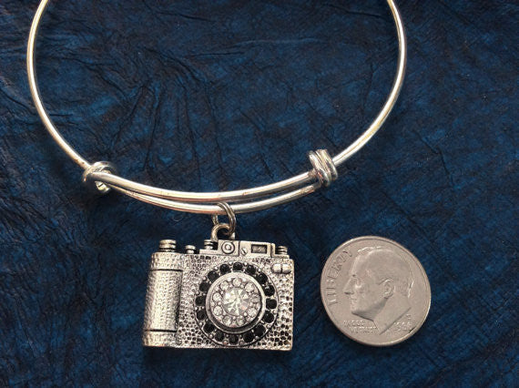 Silver Crystal Camera Expandable Charm Bracelet Adjustable Wire Bangle 