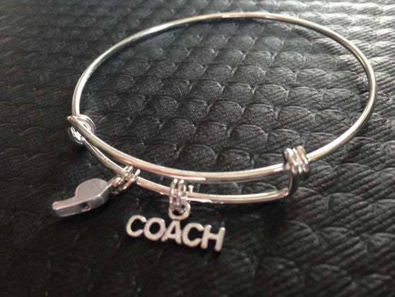 Coach and Whistle Charms on Silver Expandable Adjustable Wire Bangle