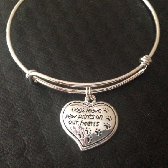 Dogs Leave Paw Prints on our Heart Charm on a Silver Expandable Adjustable Wire Bangle