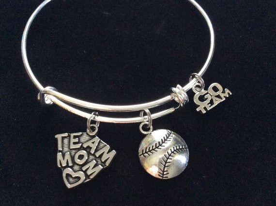 Team Mom Charm on a Silver Expandable Silver Wire Bangle