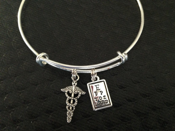 Optometrist Eye Doctor Eye Chart Charm on a Silver Expandable Adjustable 