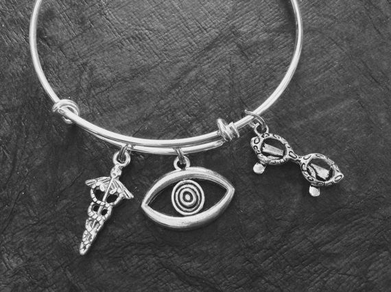 Optometrist Eye Doctor Glasses Charm on a Silver Expandable Adjustable bangle
