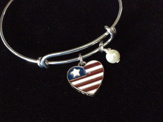Heart Shaped US Flag Charm with Swarovski Pearl Wire Wrapped Handmade