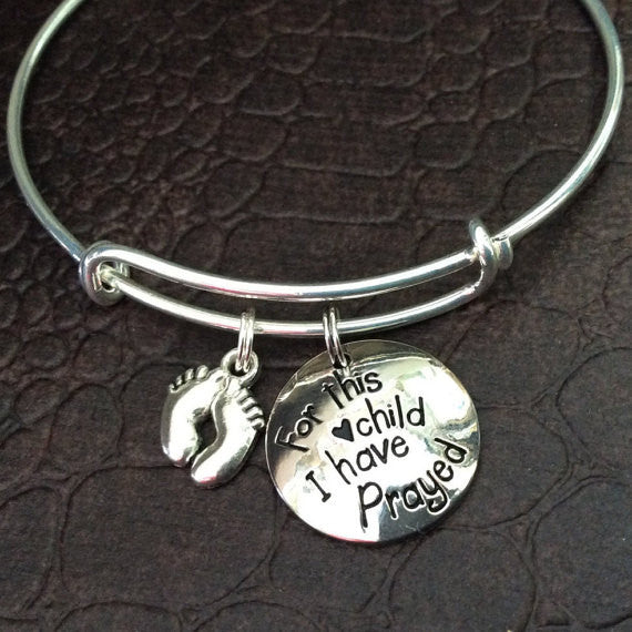 For This Child I Have Prayed with Baby Feet Expandable Charm Bracelet 
