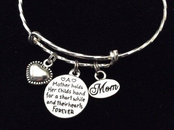 Forever Mother Stamped Word Quote Charm with Mother and Child Expandable Bracelet 