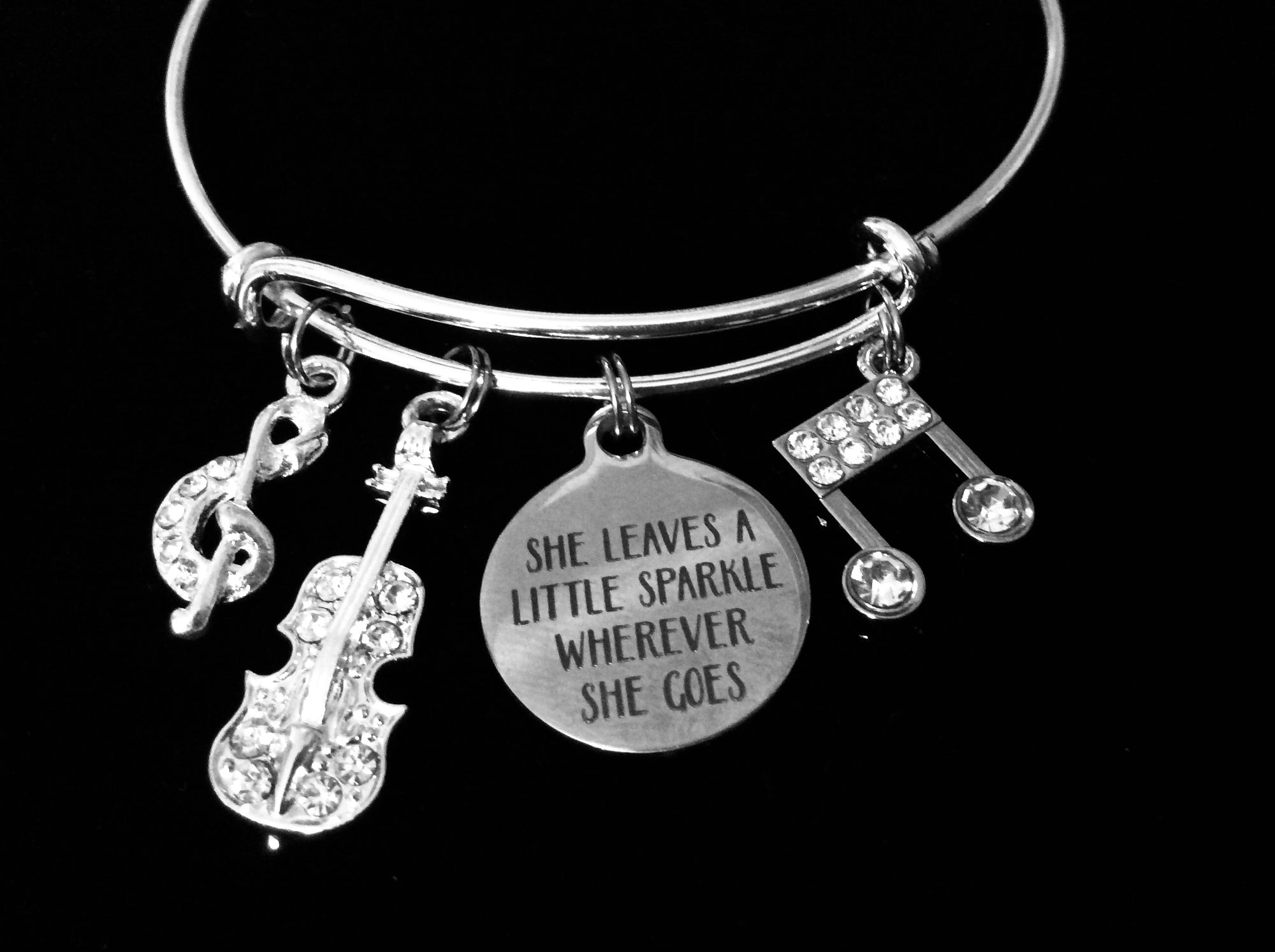 She Leaves a Little Sparkle Wherever She Goes Adjustable Bracelet Music Notes Expandable Silver Charm Wire Bangle Trendy One Size Fits All Jewelry